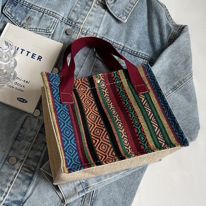 Damen Jute-Tragetasche mit buntem Muster und stabilen Baumwollgriffen Nord Taschen