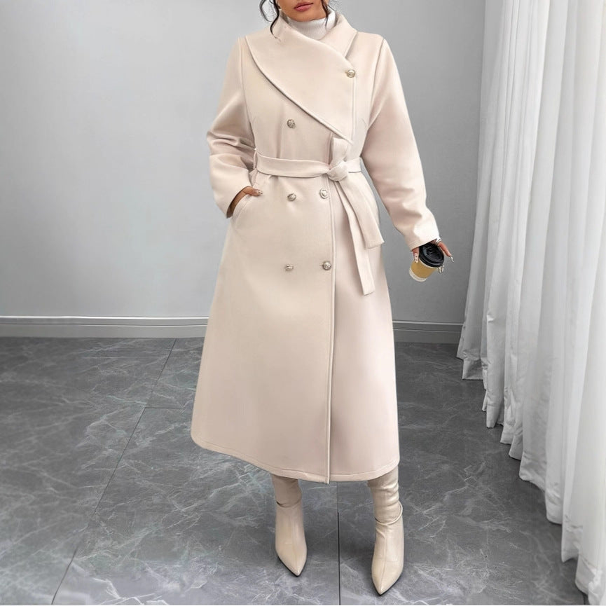 Damen Doppelreihiger Wollmix-Mantel mit weitem Schalkragen und Bindegürtel Nord Taschen