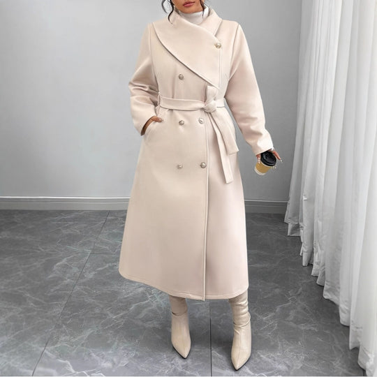 Damen Doppelreihiger Wollmix-Mantel mit weitem Schalkragen und Bindegürtel Nord Taschen