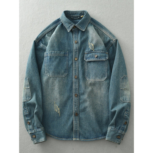 Herren Denim-Hemdjacke im Used-Look mit aufgesetzten Brusttaschen und Knopfleiste Nord Taschen