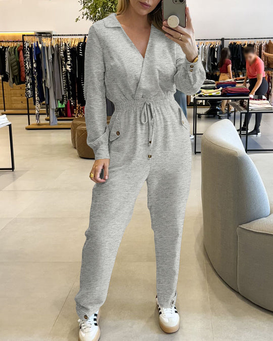 Damen Stilvoller Jumpsuit mit Wickeldesign und Taillengürtel Nord Taschen