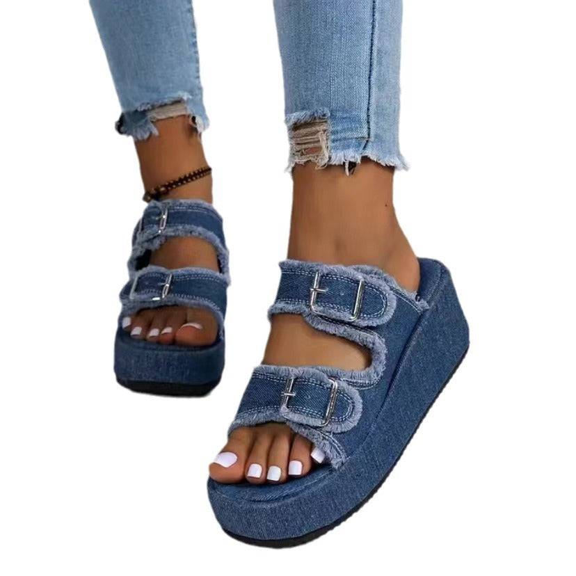 Damen bequeme Plattformsandalen aus Denim mit doppeltem Riemen