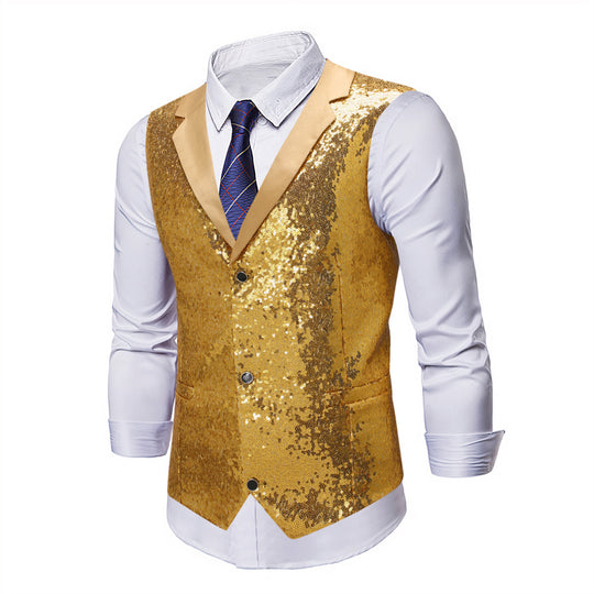 Herren Glänzende Pailletten‑Weste mit Satin‑Revers und taillierter Silhouette Nord Taschen