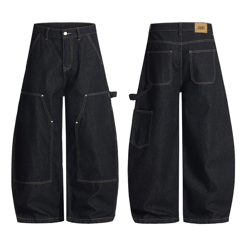 Damen Extraweite Denim-Palazzohose im Cargostil mit tiefem Schritt, Kontrastnähten und Utility‑Details Nord Taschen