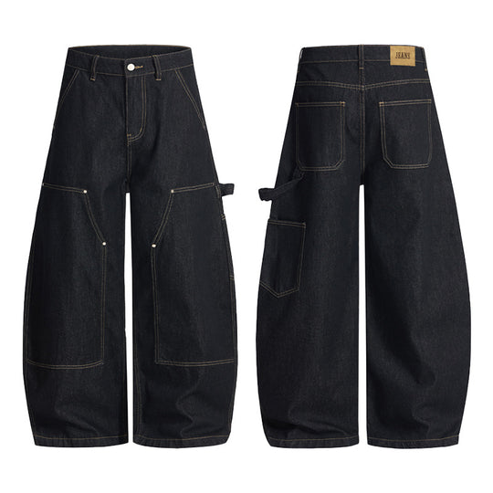 Damen Extraweite Denim-Palazzohose im Cargostil mit tiefem Schritt, Kontrastnähten und Utility‑Details Nord Taschen