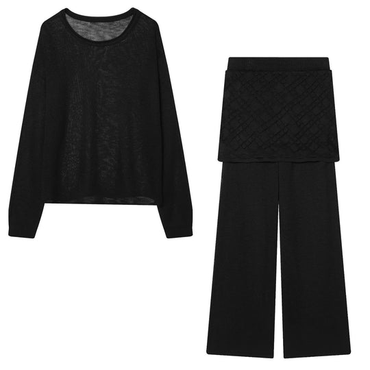 Damen Strick-Lounge-Set mit weitem Rundhals-Pullover und Highwaist-Schlaghose mit Spitzen-Detail Nord Taschen