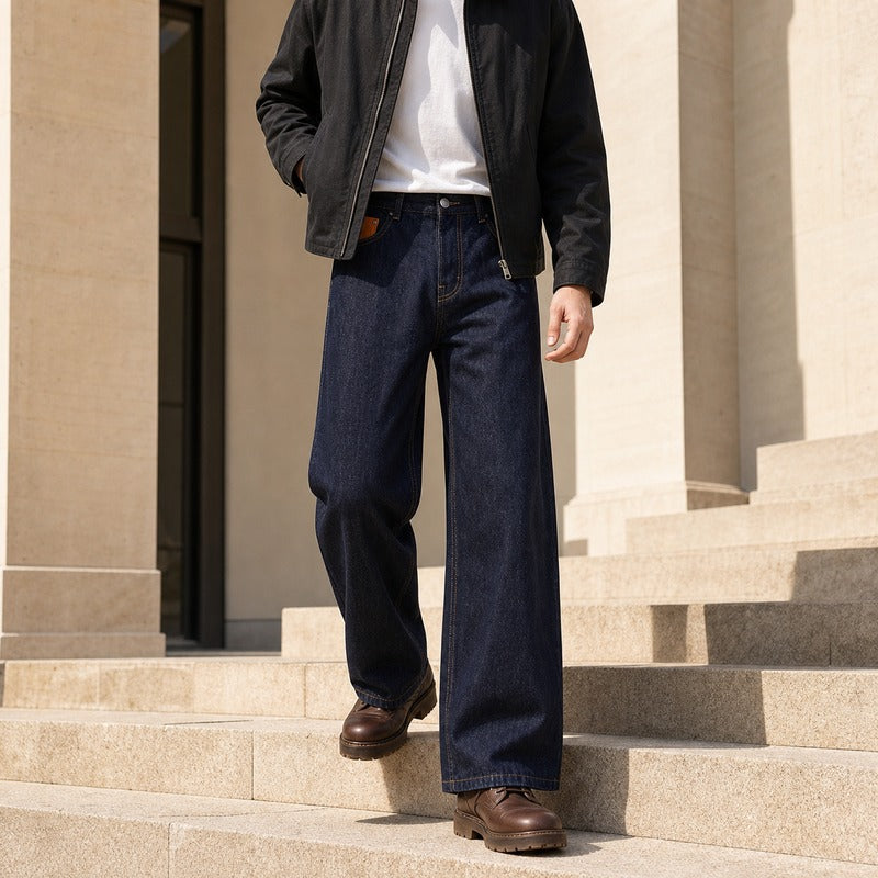 Damen Weite High-Waist Denimhose mit weitem Bein und Leder-Münztaschen-Detail Nord Taschen