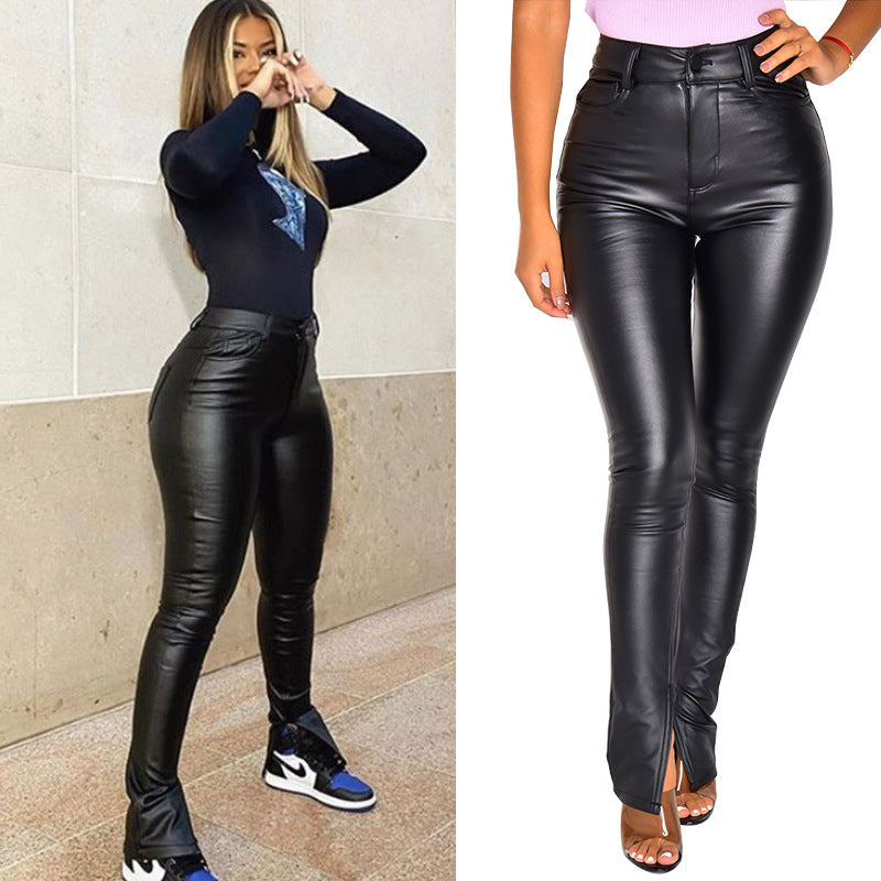 Damen High-Waist Skinny Lederimitat-Hose mit Frontschlitz Nord Taschen