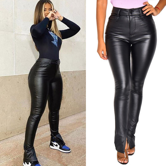 Damen High-Waist Skinny Lederimitat-Hose mit Frontschlitz Nord Taschen