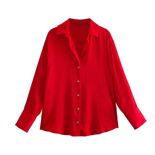 Damen Oversized Satinbluse mit Hemdkragen und breiten Manschetten Nord Taschen