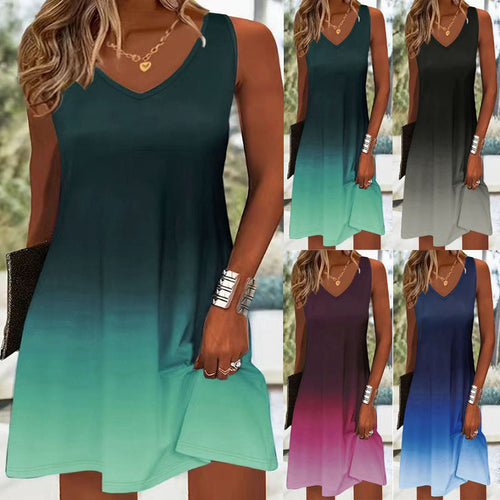 Damen V-Ausschnitt Sommerkleid mit lNord Taschenhaftem Farbverlauf und leichtem, atmungsaktivem Stoff Nord Taschen