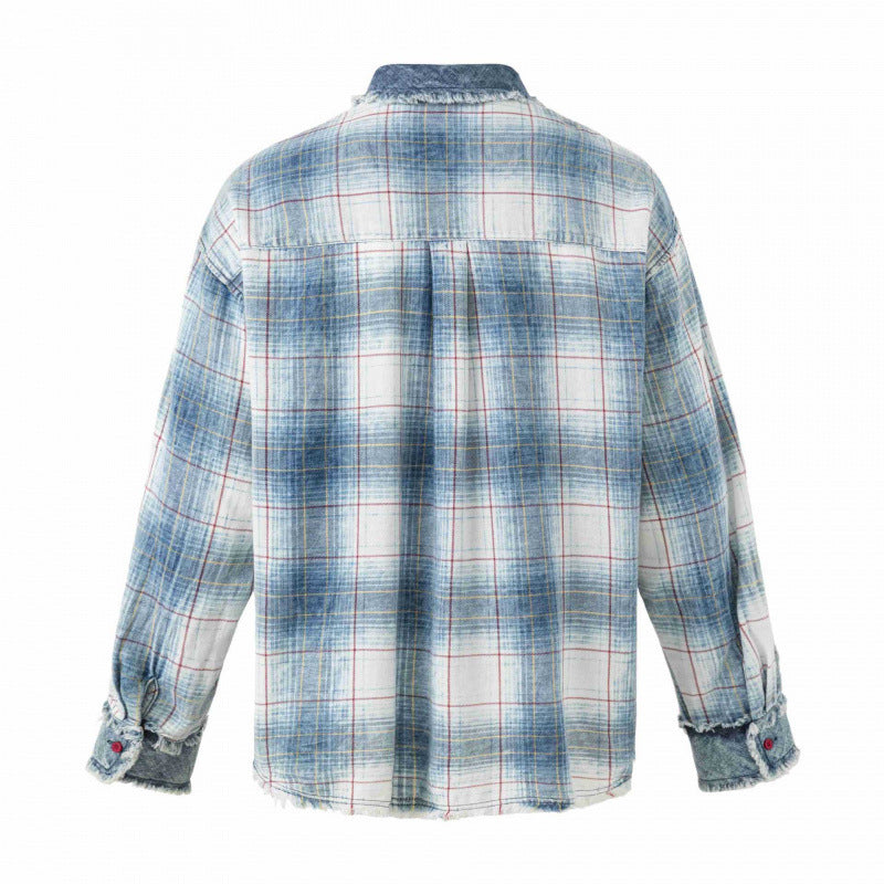 Unisex Kariertes Overshirt im Used-Look mit Fransen, Jeanskragen und aufgesetzter Brusttasche Nord Taschen