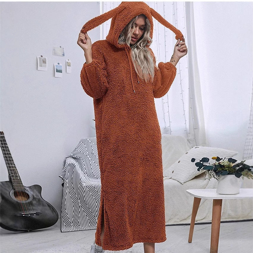 Damen Flauschiger Fleece-Hoodie-Kleid mit Ohren und seitlichen Schlitzen Nord Taschen