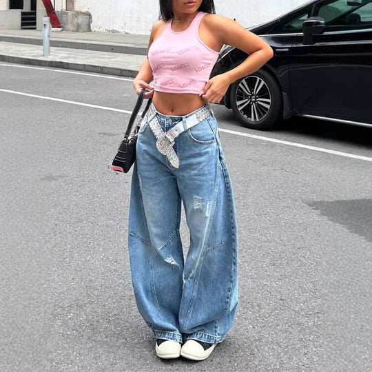 Damen Baggy-Denimhose mit markanten Nahtpaneelen und extra weitem Wide‑Leg Nord Taschen