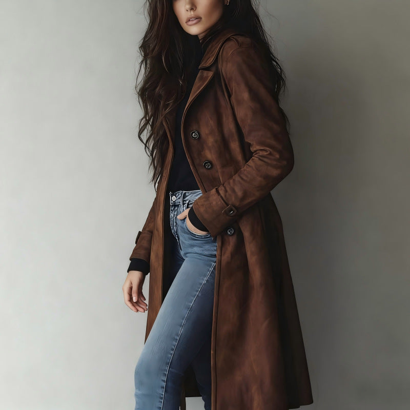 Damen Taillierter langer Mantel mit A-Linien-Silhouette und klassischer Knopfleiste Nord Taschen