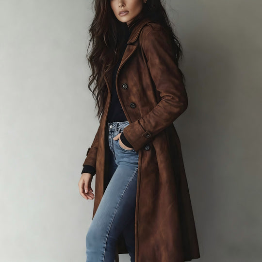 Damen Taillierter langer Mantel mit A-Linien-Silhouette und klassischer Knopfleiste Nord Taschen