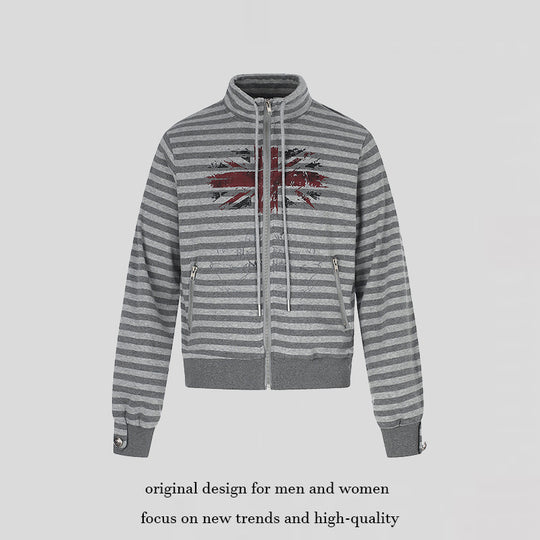 Damen Gestreifte Zip-Sweatjacke mit Stehkragen, Reißverschlusstaschen und Vintage-Flaggenprint Nord Taschen