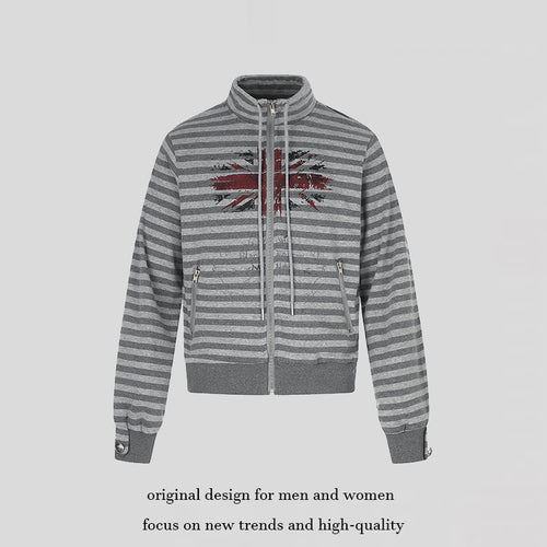 Damen Gestreifte Zip-Sweatjacke mit Stehkragen, Reißverschlusstaschen und Vintage-Flaggenprint Nord Taschen