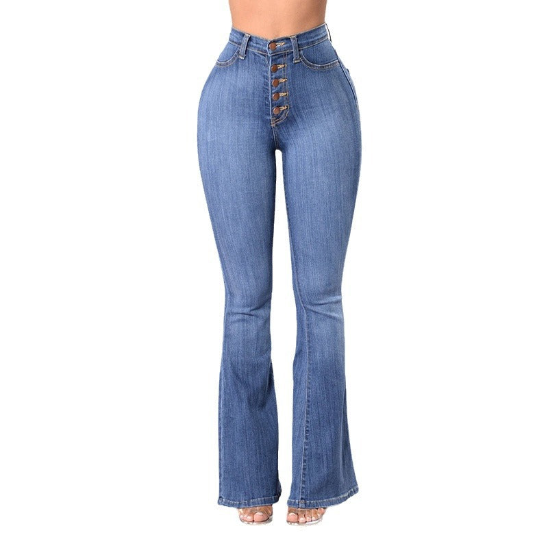Damen High-Waist Flared Jeans mit dekorativen Knopfdetails und elastischem Bund Nord Taschen