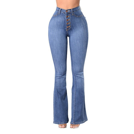 Damen High-Waist Flared Jeans mit dekorativen Knopfdetails und elastischem Bund Nord Taschen