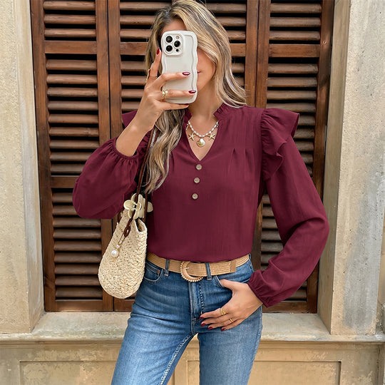 Damen Verspielte Bluse mit Rüschensleeves und Knopfdetails Nord Taschen