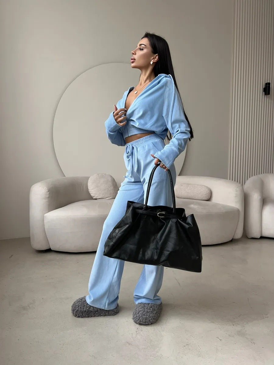 Damen luxuriöser Samt Zweiteiler Jogginganzug mit Cropped Reißverschluss und weiten Hosen Nord Taschen