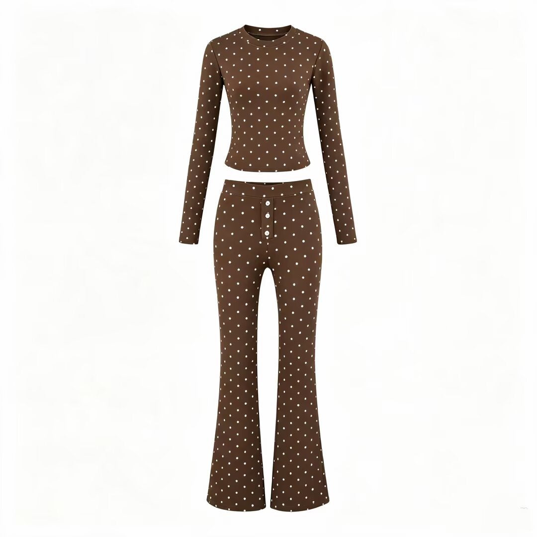 Damen Zweiteiliges Stretch-Jersey Lounge-Set mit Cropped Longsleeve und High‑Waist Schlaghose Nord Taschen