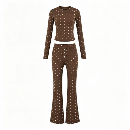 Damen Zweiteiliges Stretch-Jersey Lounge-Set mit Cropped Longsleeve und High‑Waist Schlaghose Nord Taschen