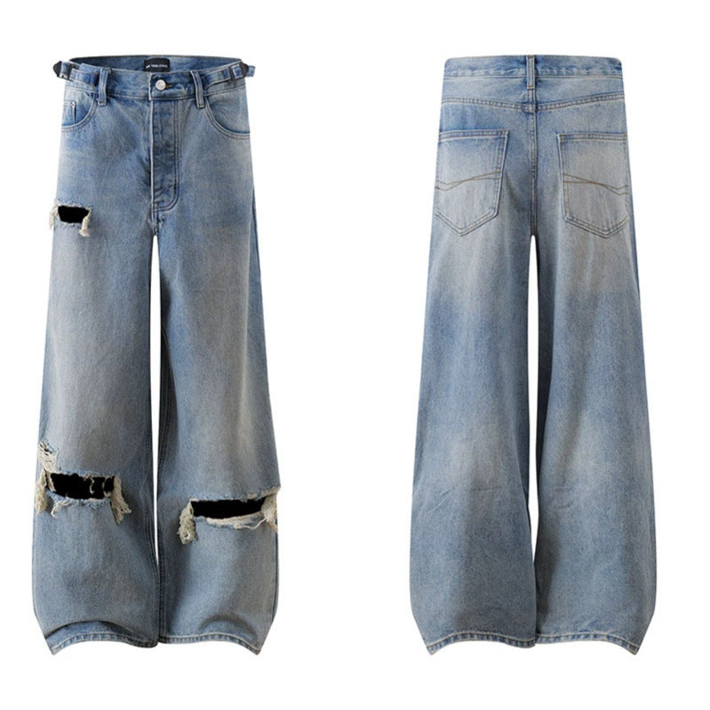 Damen Weite Distressed Denim-Palazzo-Jeans mit hohem Bund und Riss-Details Nord Taschen