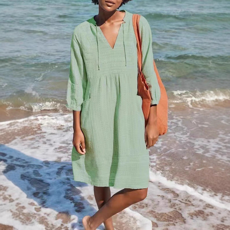 Damen lässiges Sommerkleid mit Kapuze und Taschen