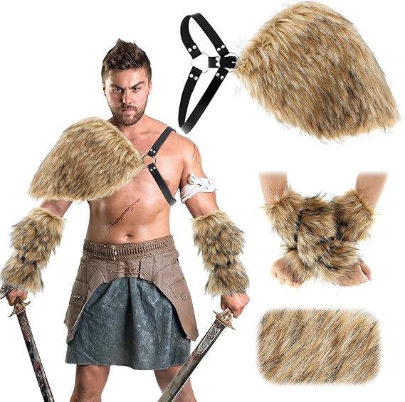Herren Kriegerisches Kostüm‑Accessoire‑Set aus Kunstpelz mit Schulterbehang, Armschützern und verstellbarem Leder‑Harness Nord Taschen