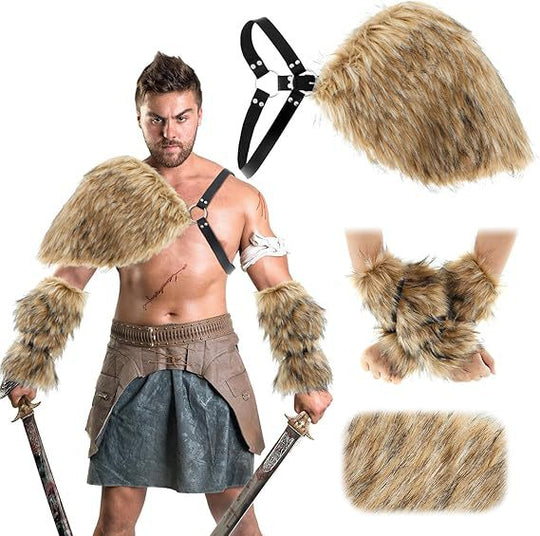 Herren Kriegerisches Kostüm‑Accessoire‑Set aus Kunstpelz mit Schulterbehang, Armschützern und verstellbarem Leder‑Harness Nord Taschen