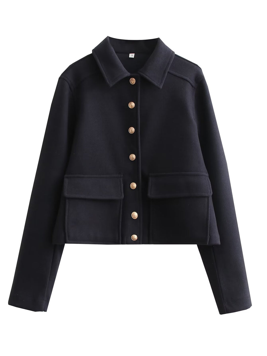 Damen Kurze Boxy-Wollmix-Jacke mit aufgesetzten Pattentaschen und goldfarbenen Zierknöpfen Nord Taschen