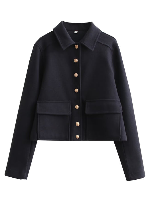Damen Kurze Boxy-Wollmix-Jacke mit aufgesetzten Pattentaschen und goldfarbenen Zierknöpfen Nord Taschen