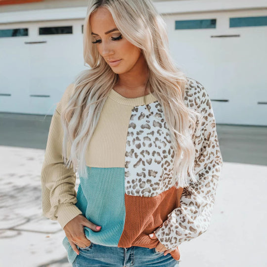 Damen Oversize-Patchwork-Pullover mit Animalprint und Strukturstrick Nord Taschen