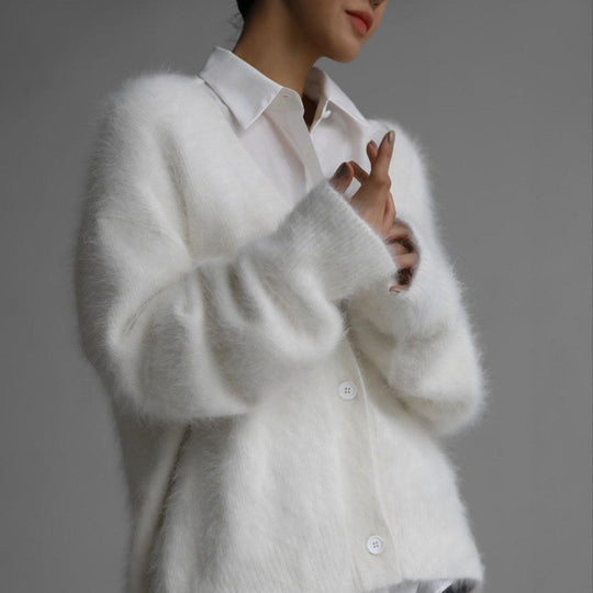 Damen Flauschige Mohair-Optik Strickjacke mit V-Ausschnitt und Oversize-Schnitt Nord Taschen