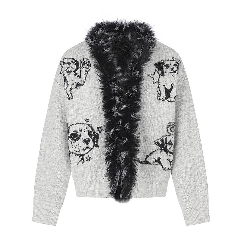 Damen Strickjacke mit Kunstfellkragen und illustrativem Hundemotiv Nord Taschen