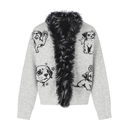 Damen Strickjacke mit Kunstfellkragen und illustrativem Hundemotiv Nord Taschen