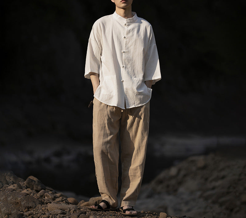 Herren Oversize Hemd im Kimono-Stil aus Leinen-Baumwollmix mit Stehkragen Nord Taschen