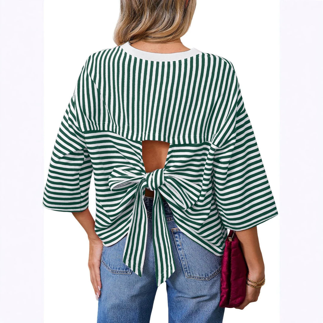 Damen Gestreiftes Oversize-Shirt mit Rückenausschnitt und Schleifenbindung Nord Taschen