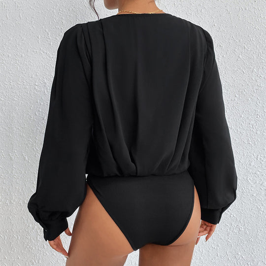 Damen Leichte Wickelbluse mit V-Ausschnitt, gerafften Schultern & Ballonärmeln Nord Taschen
