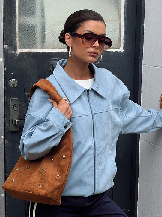 Damen Leichter Veloursleder-Optik Blouson mit Hemdkragen, durchgehendem Reißverschluss und kastiger Silhouette Nord Taschen