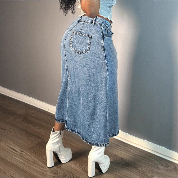 Damen A-Linien Denim-Midirock mit taillenhohem Bund und durchgehender Knopfleiste Nord Taschen