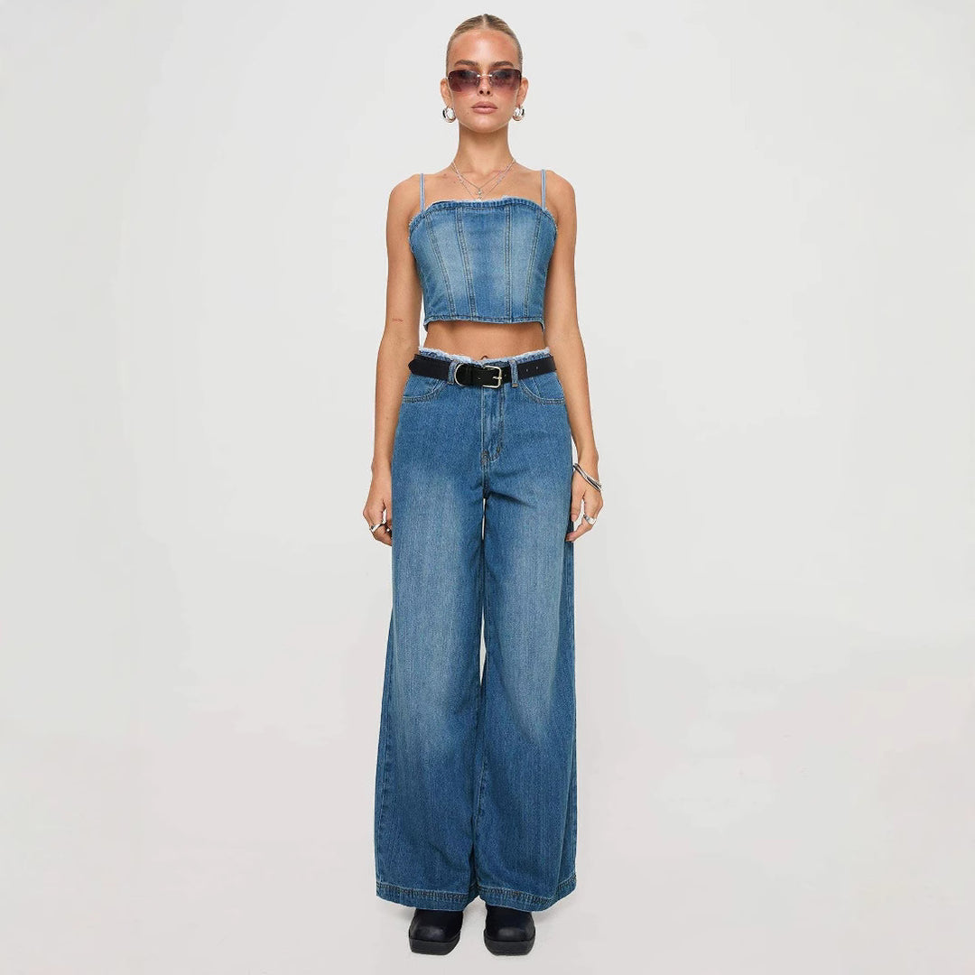 Damen hochgeschnittene Weitbein-Jeans mit rohem Bund, extra weitem Bein und Fünf-Taschen-Schnitt Nord Taschen