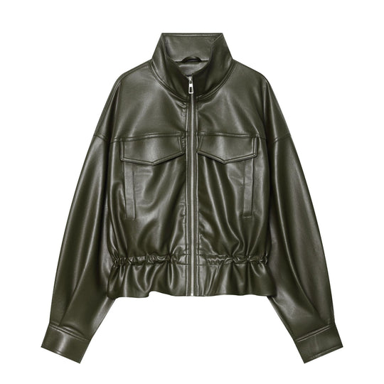 Damen Cropped Kunstlederjacke mit hohem Stehkragen, aufgesetzten Brusttaschen und Tunnelzug-Taille Nord Taschen