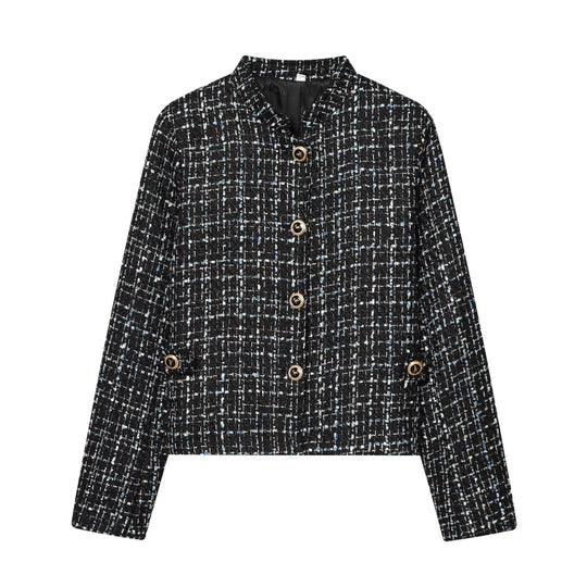 Damen Bouclé‑Tweed‑Cropped‑Jacke mit Stehkragen und goldfarbenen Schmuckknöpfen Nord Taschen