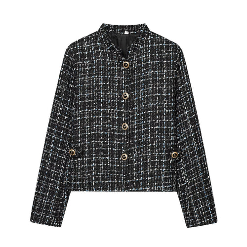 Damen Bouclé‑Tweed‑Cropped‑Jacke mit Stehkragen und goldfarbenen Schmuckknöpfen Nord Taschen