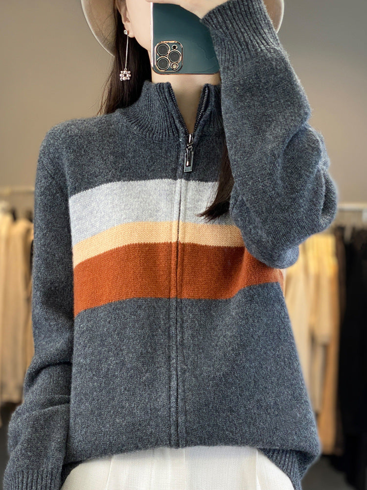 Damen Reißverschluss-Strickcardigan aus weichem Wollmix mit Blockstreifen und geripptem Saum Nord Taschen