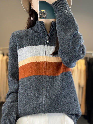 Damen Reißverschluss-Strickcardigan aus weichem Wollmix mit Blockstreifen und geripptem Saum Nord Taschen