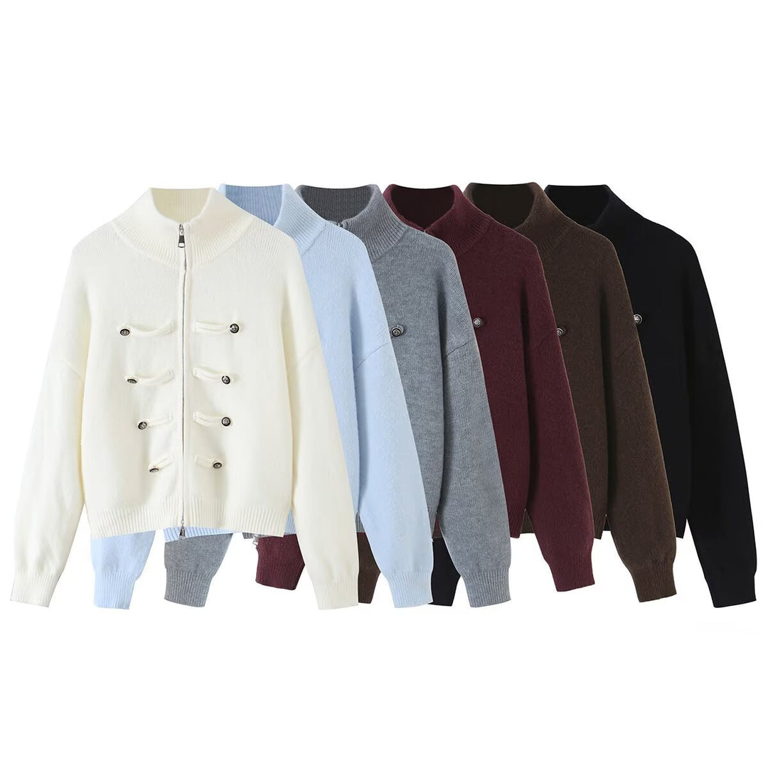 Damen Strickjacke mit Stehkragen, Reißverschluss und dekorativen Knotenblenden Nord Taschen
